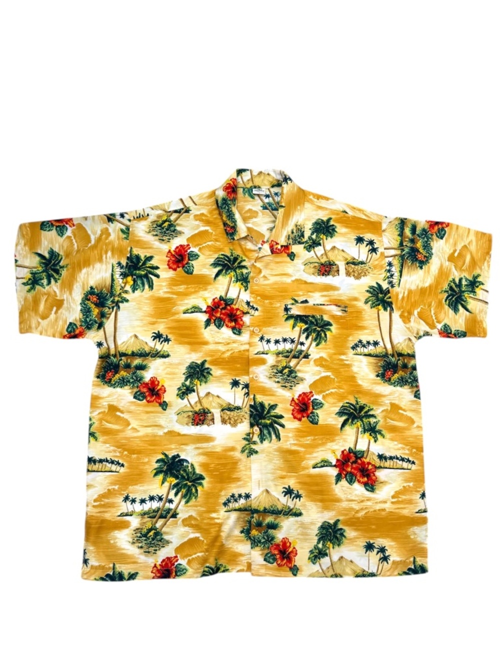 RIMA YELLOW TROPICAL ISLANDS W FLOWERS & TREES BUTTON DOWN SHORT SLEEVE SHIRT